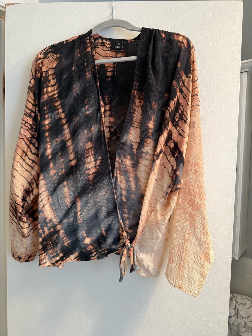 Barneys New York Black and Peach Tie-Dye Wrap Blouse